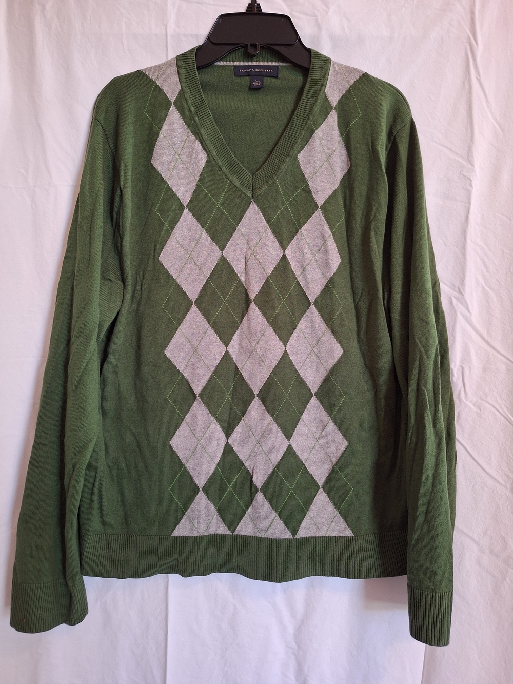 VTG Banana Republic Mens V-Neck Sweater Green Argyle Silk/ Cashmere/Cotton Sz L